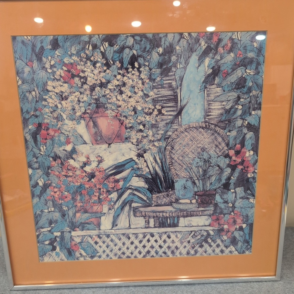 Lawrence Retten Framed Garden Floral Art Print Silver Metal Frame Peach Mat - Picture 2 of 7